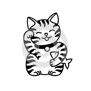 Japanese lucky cat maneki neko doodle illustration, vector line illustration