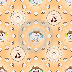 Japanese lucky owl circle seamless pattern