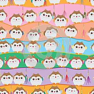 Japanese lucky owl stand line seamless pattern