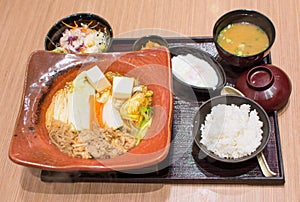 Japanese lunch set in wooden bowls