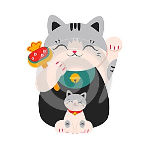 Japanese Maneki Neko, Japanese Symbol of Good Luck and Wealth, Traditional Souvenir of Japan, Lucky Cat Doll Cartoon