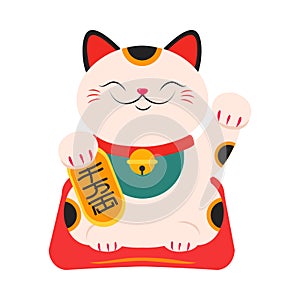 Japanese Maneki Neko, Japanese Symbol of Good Luck and Wealth, Traditional White Lucky Cat Doll Cartoon Style Vector