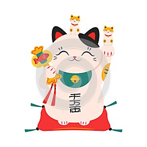 Japanese Maneki Neko, Japanese Traditional White Lucky Cat Doll, Symbol of Good Luck and Wealth Cartoon Style Vector