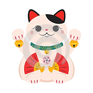 Japanese Maneki Neko with Raised Paws, Japanese Symbol of Good Luck and Wealth, Traditional Souvenir of Japan Cartoon