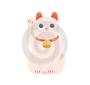 Japanese maneki-neko toy. Lucky cat with bell. Asian ceramic doll for luck in travel, fortune and wealth. Traditional