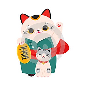 Japanese Maneki Neko White Cat and Kitten, Traditional Lucky Cat Doll Cartoon Style Vector Illustration