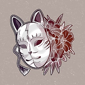 Japanese mask fox with flowers. Isolated vector art. Print on poster, card, sticker.