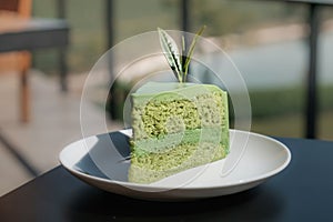 Japanese Matcha green tea sponge cake on a plate