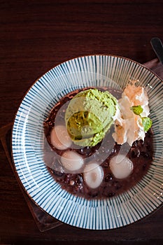 Matcha ice cream with shiratama mochi, red bean paste, whip cream