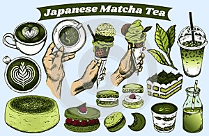 Japanese matcha tea set food. Sketch hand drawn green drink, iced tea, macaron, tiramisu, matcha ice cream, tea leaf, cheesecake