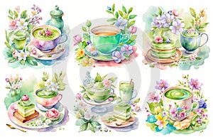 Japanese matcha tea with spring flowers watercolor illustration set. Isolated on white background