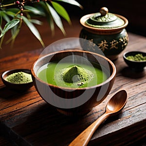 Japanese Matcha Tea, traditional Asian green tea, powdered and made with froth