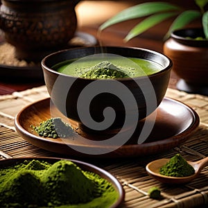 Japanese Matcha Tea, traditional Asian green tea, powdered and made with froth