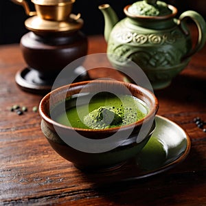 Japanese Matcha Tea, traditional Asian green tea, powdered and made with froth