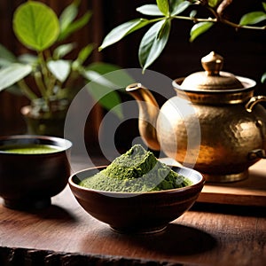 Japanese Matcha Tea, traditional Asian green tea, powdered and made with froth photo