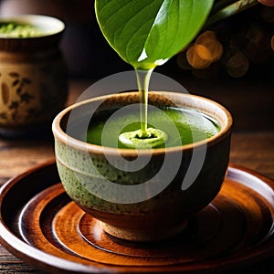 Japanese Matcha Tea, traditional Asian green tea, powdered and made with froth photo
