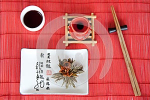 Japanese meals on red mat