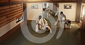 Japanese men, aikido class or training in fight, modern martial arts or learning self defence. Sensei, black belt