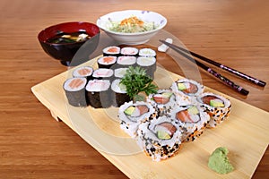 Japanese menu sushi salad and soup