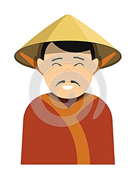 Japanese merchant with small black mustache in national straw hat. Ancient man in festive traditional dress. Cartoon character.