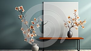 Japanese Minimalism: 3d Rendering Of Tv Stand And Vase With Flowers