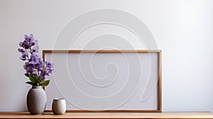 Japanese Minimalism: Blank Frame, Vase, And Purple Plants