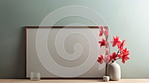 Japanese Minimalism: Empty Frame And Red Flowers On Wooden Table