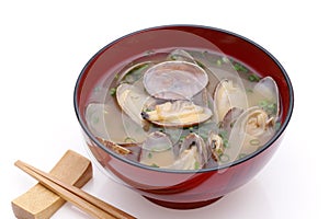 Japanese miso soup with asari clams in a bowl