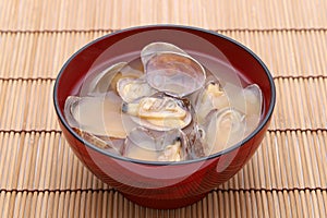 Japanese miso soup with asari clams in a bowl