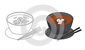 Japanese miso soup in black bowl with mushrooms and tofu. Kids coloring book for elementary school.