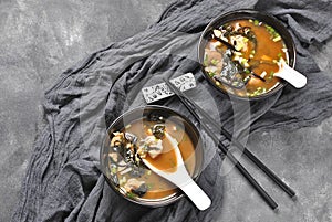 Japanese miso soup with fresh tuna, dried seaweed, tofu, shiitake dried mushrooms