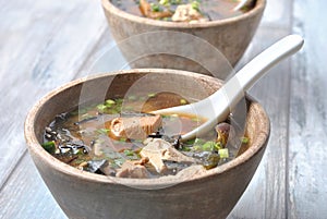 Japanese miso soup with fresh tuna, dried seaweed, tofu, shiitake dried mushrooms