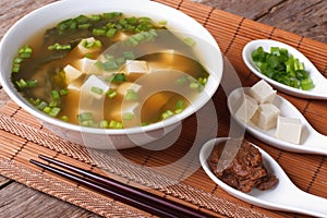 Japanese miso soup and ingredients close-up. horizontal