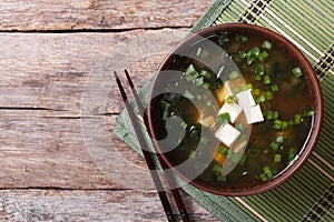 Japanese miso soup on the table. top view of a horizontal