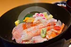 Japanese mixed seafood sashimi rice bowl