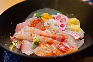 Japanese mixed seafood sashimi rice bowl