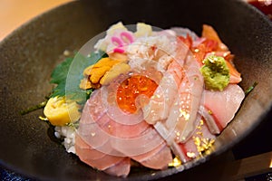 Japanese mixed seafood sashimi rice bowl