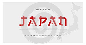 Japanese modern style alphabet font typeface. Typography japan asian fonts and number. English letters uppercase and numbers.