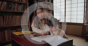 Japanese Mom, girl and learning with homework, reading and books for study, development and helping hand. Education