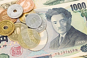 Japanese money yen banknote and coins