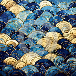 Japanese Mosaic Tile Floor: Blue Shades And Gold Waves