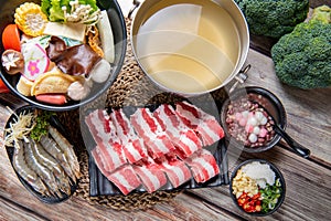 Japanese nabemono hotpot dish of thinly sliced meat and vegetables boiled in water and served with dipping sauces photo