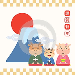 Japanese New Year`s card for 2021 with cute cow or ox family and fuji mountain. Translation: Happy New Year