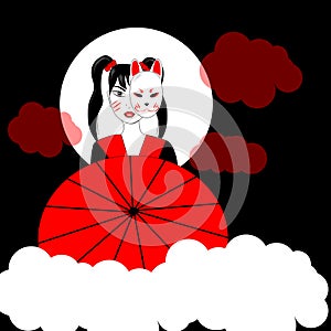 Japanese night, girl with umbrella, moon, midnight black and red style, vector