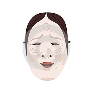 Japanese noh mask of onna face, woman head with emotions. Japan kabuki theater character for Asian folk festival