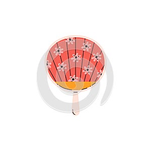 Japanese non-folding red hand fan with bamboo handle and floral pattern, vector Asian Uchiwa air cooling paper accessory