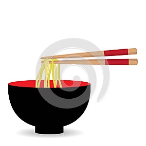 Japanese noodles with chopsticks in a black bowl on white background