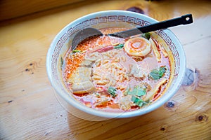 Japanese noodles soul and spicy soup, Udong Ton Yum Kung. fusion food from thai and japanese food.