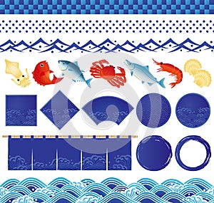 Japanese ocean wave icons and fish illustrations.