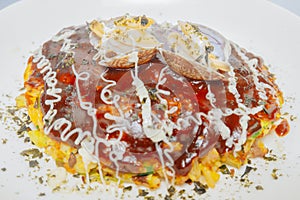 Japanese okonomiyaki on a white background